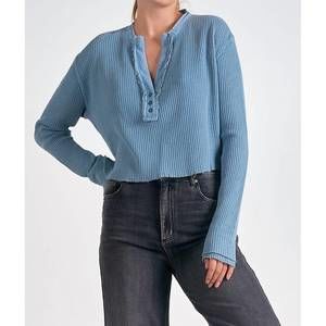 NEW ELAN waffle henley top in blue